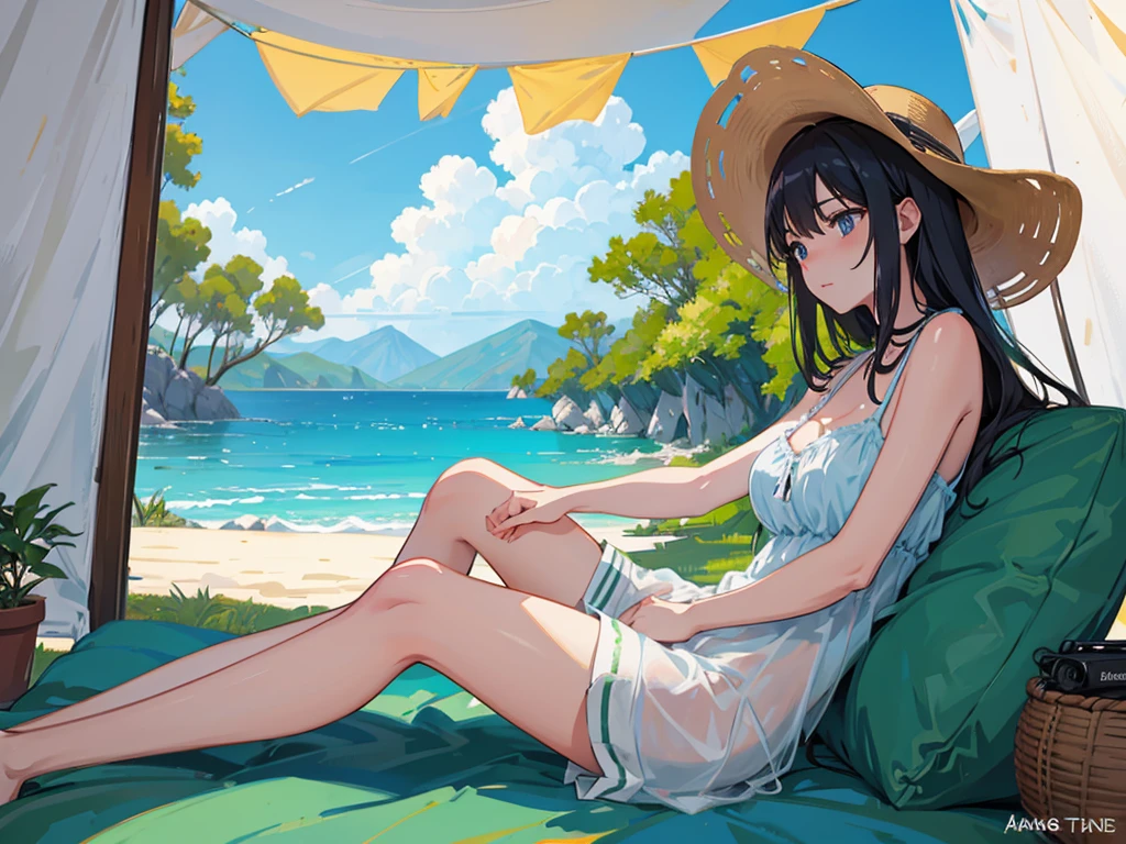 Plateau, tent, a woman napping in the shade. Wide angle. Detailed anime touches.