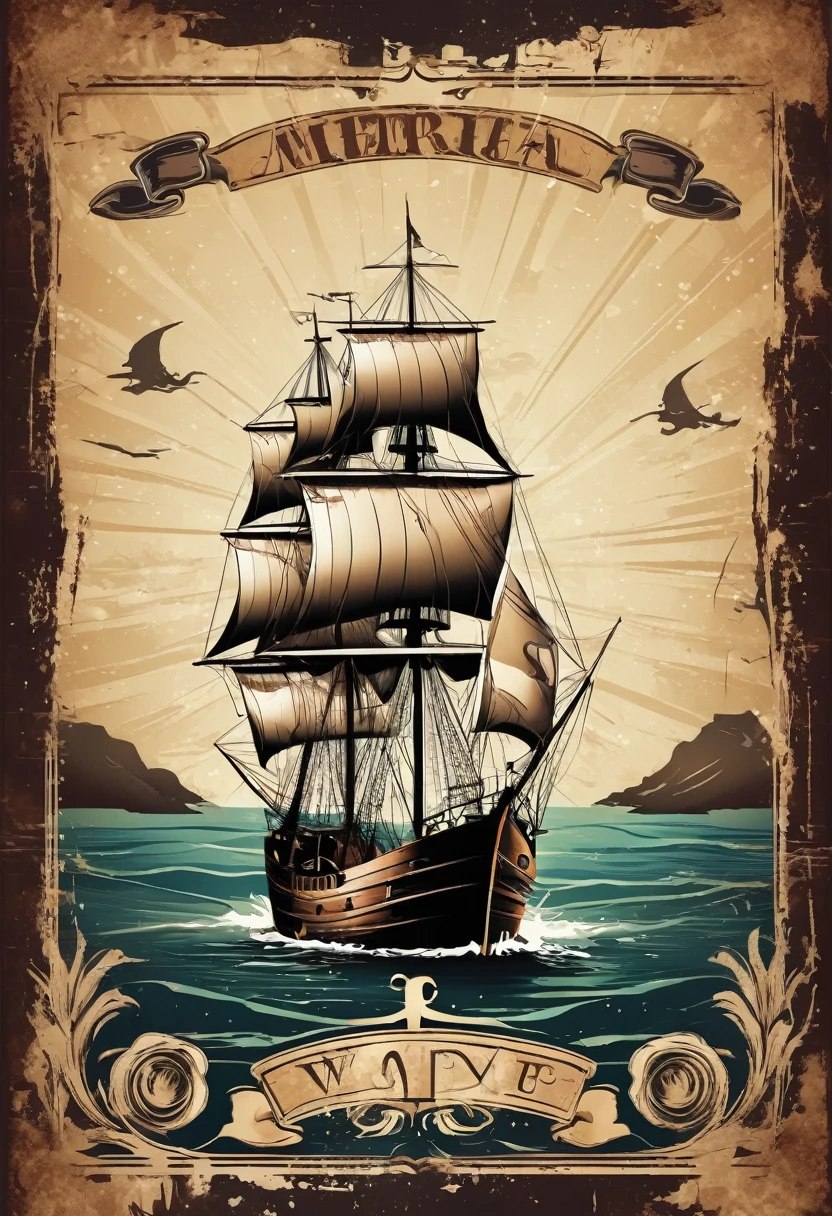 A poster cover，Medieval retro style，Nautical theme，Wreck，Dark brown background，Retro shabby atmosphere，Caribbean Type