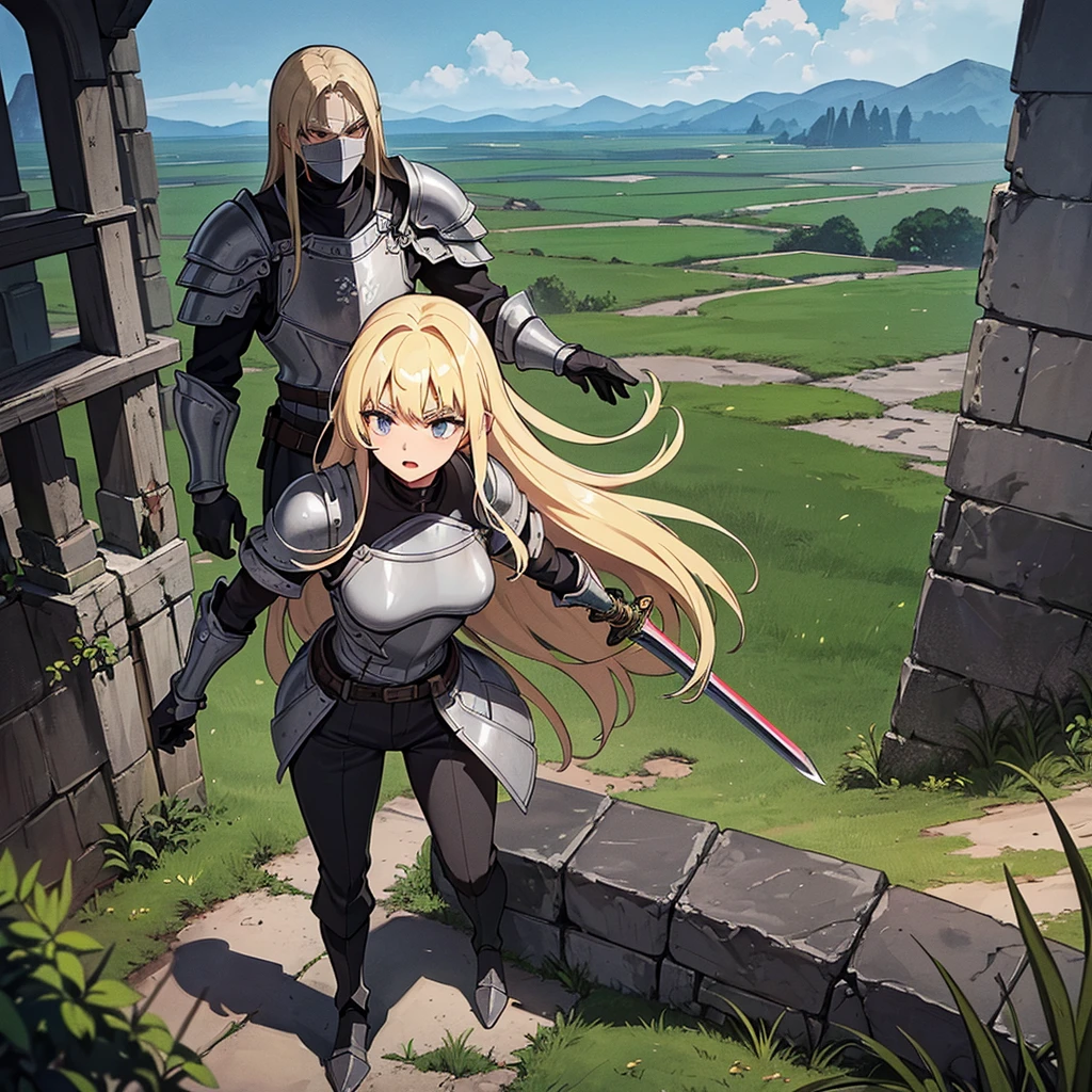Best illustrations、Best Quality、(Full body character concept、detailed)、(((Simple grey armor、Black trousers、Black gloves、woman、18-year-old、Blonde、Long Hair)))、(((Grab the sword、Get Ready)))、(From above)、(Old ruins、Grass)、Fall to the floor、(Black, muddy swamp)、(中世の騎士が10 people)、(anxiety、impatience、Open your mouth、shout)、(lots of medieval knights、10 people)、battlefield