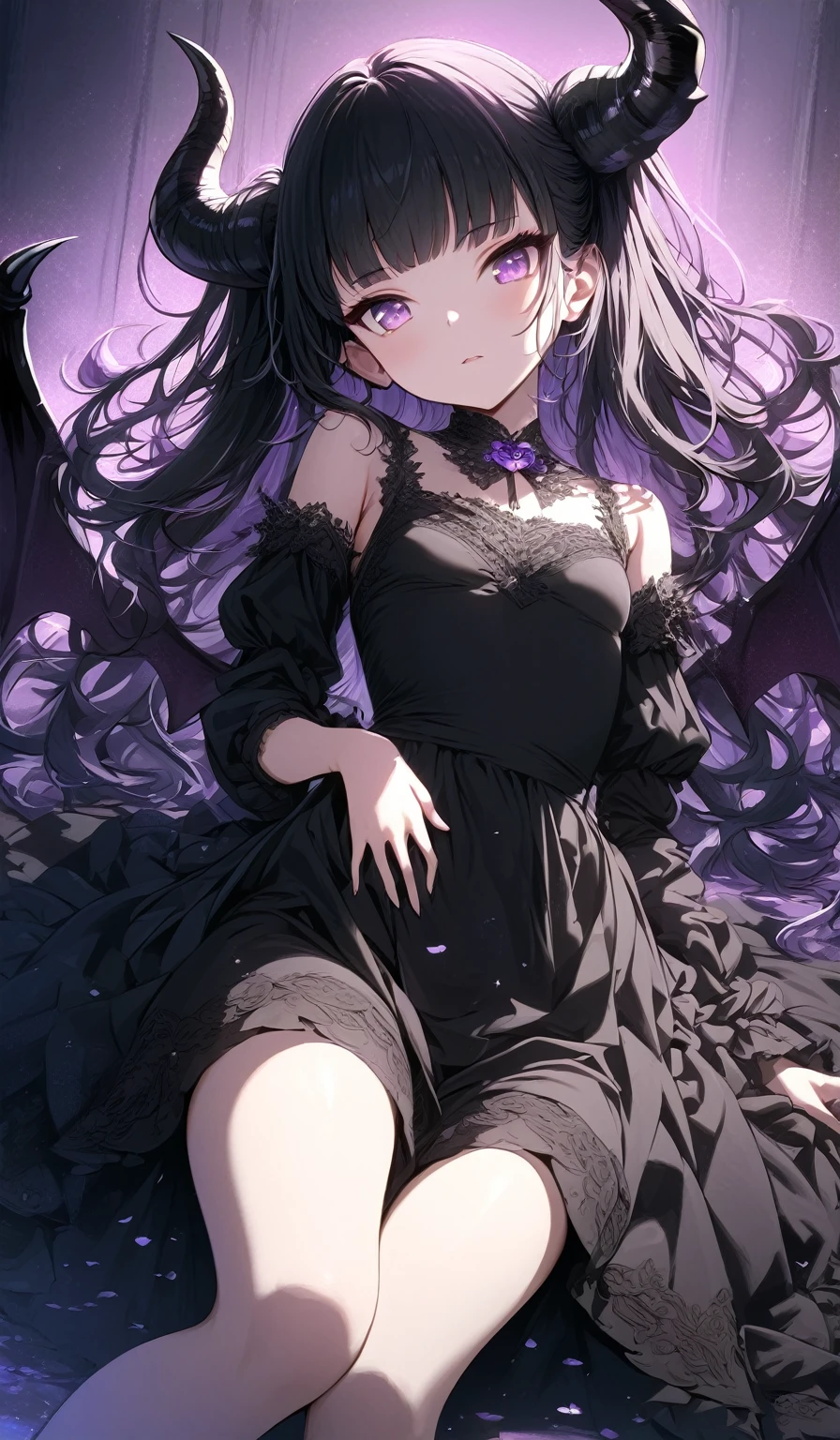 Masterpiece, very detailed, ultra detailed, one, (1 girl), Masterpiece, very detailed, ultra detailed, one, (1 girl), she is in a black closed dress, and in an elegant position, small, children's style, long black hair and bangs, black demonic horns, beautiful, charming, purple eyes, elegant, small breasts, kind face, charming, she in the darkness.