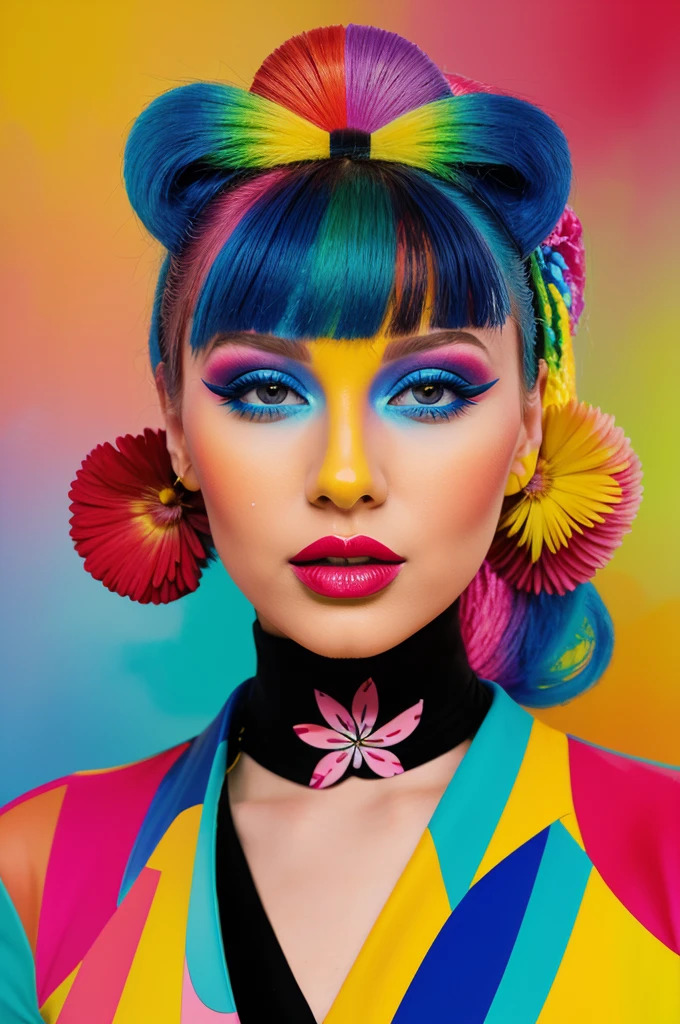 Create a digital work of art in pop art style, featuring a vibrant, confident woman with bold makeup and colorful fashion, Cinematic color scheme, surrounded by abstract flower patterns, energetic brushstrokes,Humor must be dynamic.