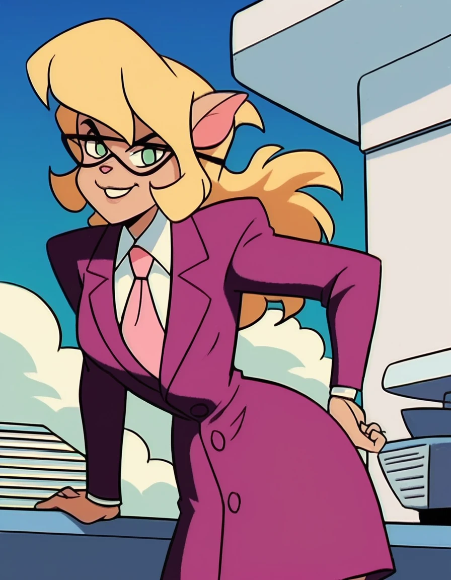 score_9, score_8_up, score_7_up, score_6_up, score_5_up, score_4_up, (Source furry), (rating safe),   1girl solo, outside, trees, clouds, looking at viewer, glasses, callie briggs, pink suit, detailed, detailed fur, (((skirt suit))), (((three-piece suit))), (((dress shirt))), (((necktie))), (((blazer))), (((suit jacket))), ((waistcoat)), double-breasted waistcoat, (((bodycon miniskirt))), pinup pose, pocket square, cufflinks, tie clip 