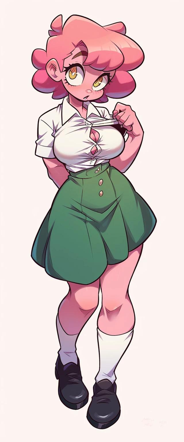  a tall woman big breast sexy beautiful beauty pink skin short pink hair tousled her full eye black yellow pupil dresses white button-down shirt and a short dark green skirt pair of white socks long black shoe
