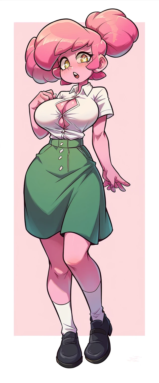  a tall woman big breast sexy beautiful beauty pink skin short pink hair tousled her full eye black yellow pupil dresses white button-down shirt and a short dark green skirt pair of white socks long black shoe