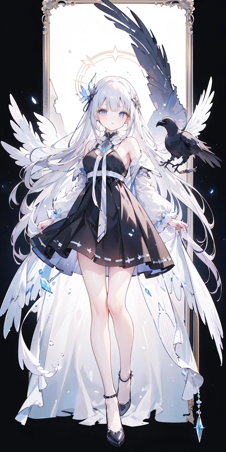 Oil painting frame,Big Perspective,Wide Angle,Impactful graphics,floating,sideways,Character Close-up,4K,masterpiece,best quality,ruins,(Transparent skirt,black background),Clear,master,Various actions,Full body portrait,portrait,1 female, (Mature),Long face,Pointed face,White long hair,Fairy,gemstone crow,Wings Dress, Mecha,Fairy air,ribbon, diamond, Bare shoulders, crow, Looking at the audience, in the sky, fLight, Vibrant colors, Light, masterpiece, best quality, flight,Mature,asymmetrical clothes,HighLights,Long skirt,Own,Personal Photography