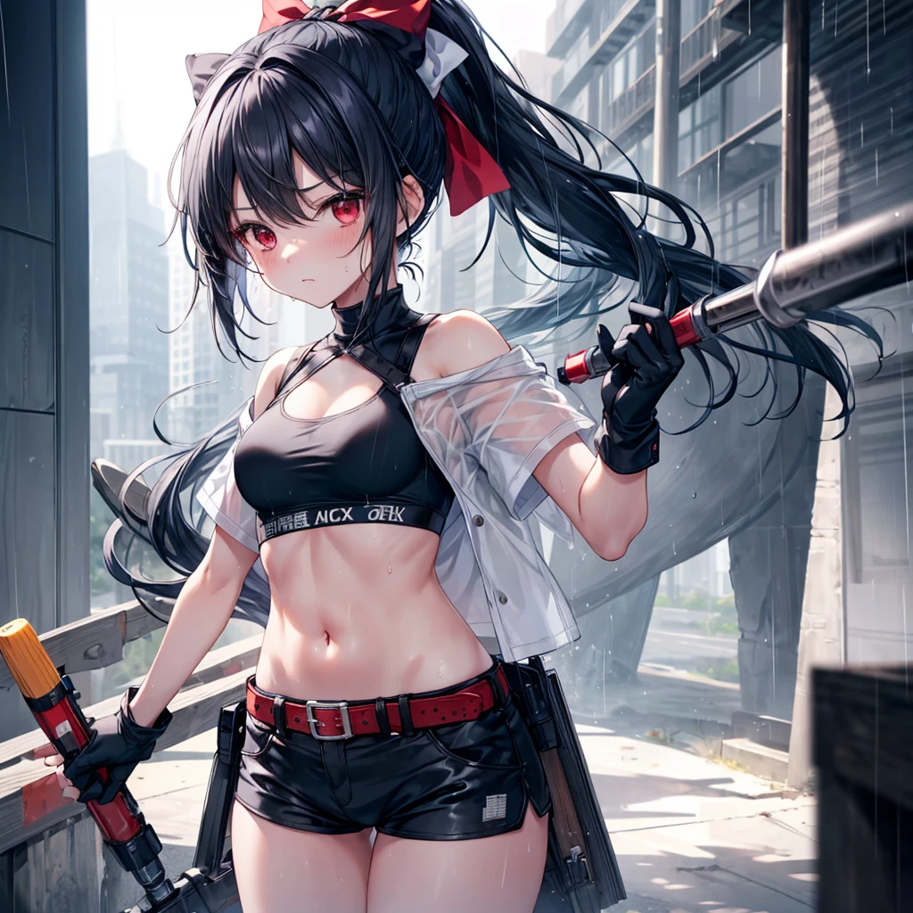 ((Highest quality)), ((masterpiece)), ((detailed)), (4K), a girl with black hair and a top with short sleeves holding a screw driver, 1girl, 独奏, long hair, blue hair, navel, gloves, shorts, breasts, sweat, wrench, short shorts, very long hair, underwear, panties, holding, belt, arm up, ponytail, small breasts, blurry background, gray sky, rain, looking at viewer, black gloves, white panties, sports bra, wiping sweat, bow, bare shoulders, bangs, cowboy shot, Orange Eyes, midriff, hair bow, (expressionless), face focus