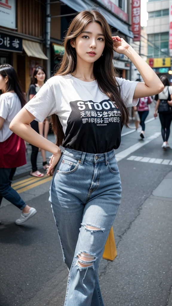 best quality,8K, Detailed facial depiction, Detailed eye description, Brown hair(Long wavy hair),美丽的South Korea女孩, 40 years old, slim, Huge breasts , T-shirt and short jeans , Walking with many people in Itaewon, the city center, South Korea , Long-term contact