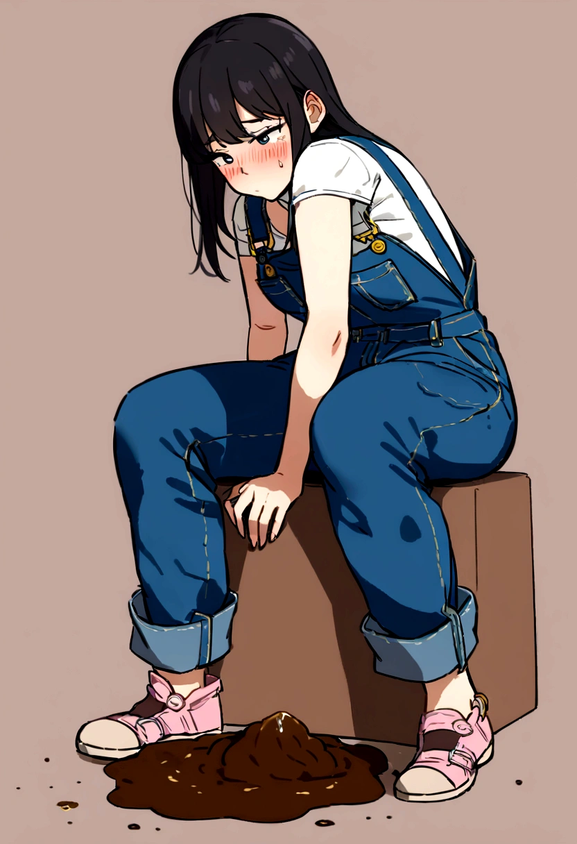 Girl diarrhea and shit on overalls ((poop on overalls)) Her overalls is covered with shit. (Her overalls is covered with shit and mess) (There is much shit on her overalls) (there is a lot of shit on her legs) (her overalls is full of shit) (girl frats in her overalls)