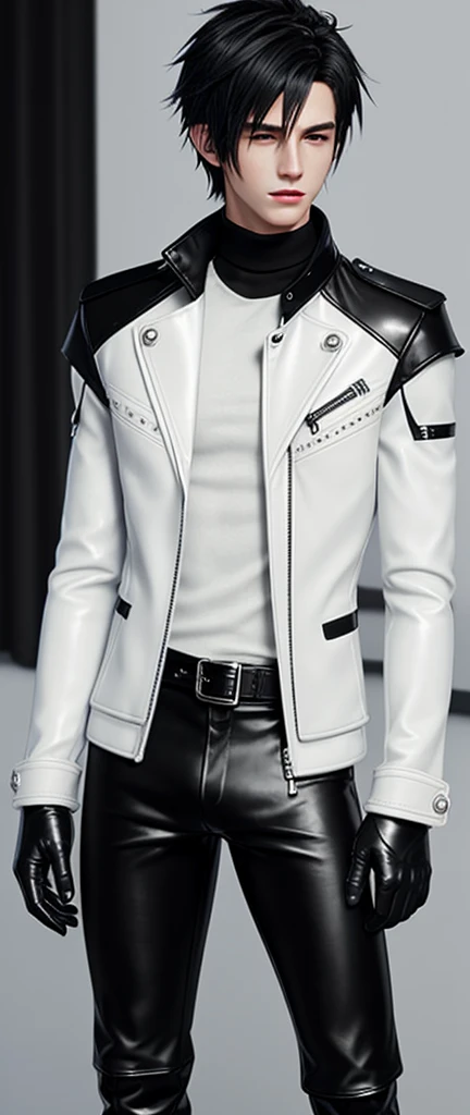 Final fantasy taste and reality graphics, Japanese young cute and cool ikemen  boy, his age is early 20s, thin eyebrows and beady eyes,  he wearing off white color leather  thick material jacket, jacket is singlebrest, biker style jacket, with epaulet, jacket is long sleeve, must close the front of the leather jacket, , jacket is voluminous, ,must jacket is high length and stand-up collar with two belts, jacket is a little black color line pattern,close the front of the jacket, also wearing black thick material turtleneck lackluster shirts,  tight black leather pants, shiny black leather tight and thin glove, black leather knee-high raceup boots,must views  head-to-toe,must views whole body, boy looks like fashion model,Do not show skin from the neck down,leather jacket leather glove and leather pants have few wrinkles,boy in the room,Avoid showing your innerwear
