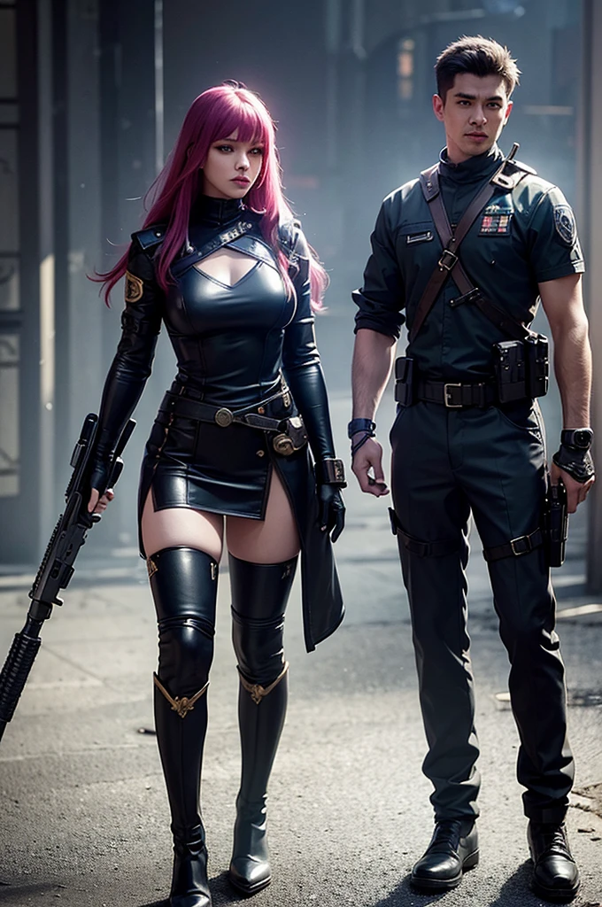 A beautiful woman in cyberpunk magical fantasy world, holding a magical glowing rifle, epic design, magical glowing weapons, wearing practical combat outfit, military uniform-like clothing, engaging in combat action, cool beauty