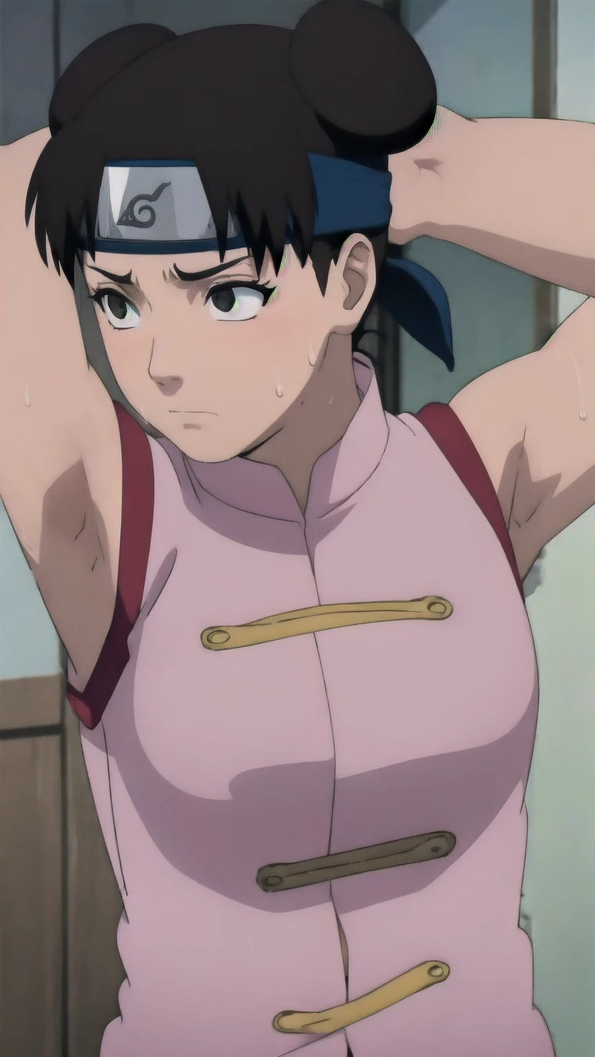 Tenten,solo,armpits,wet armpits, showing wet armpits, armpit,armpits,sweat,sweaty,sweaty armpits,awesome armpits,tired,exhausted,arms up,arm warmers,sleeveless, medium breasts, nude, naked, tits 