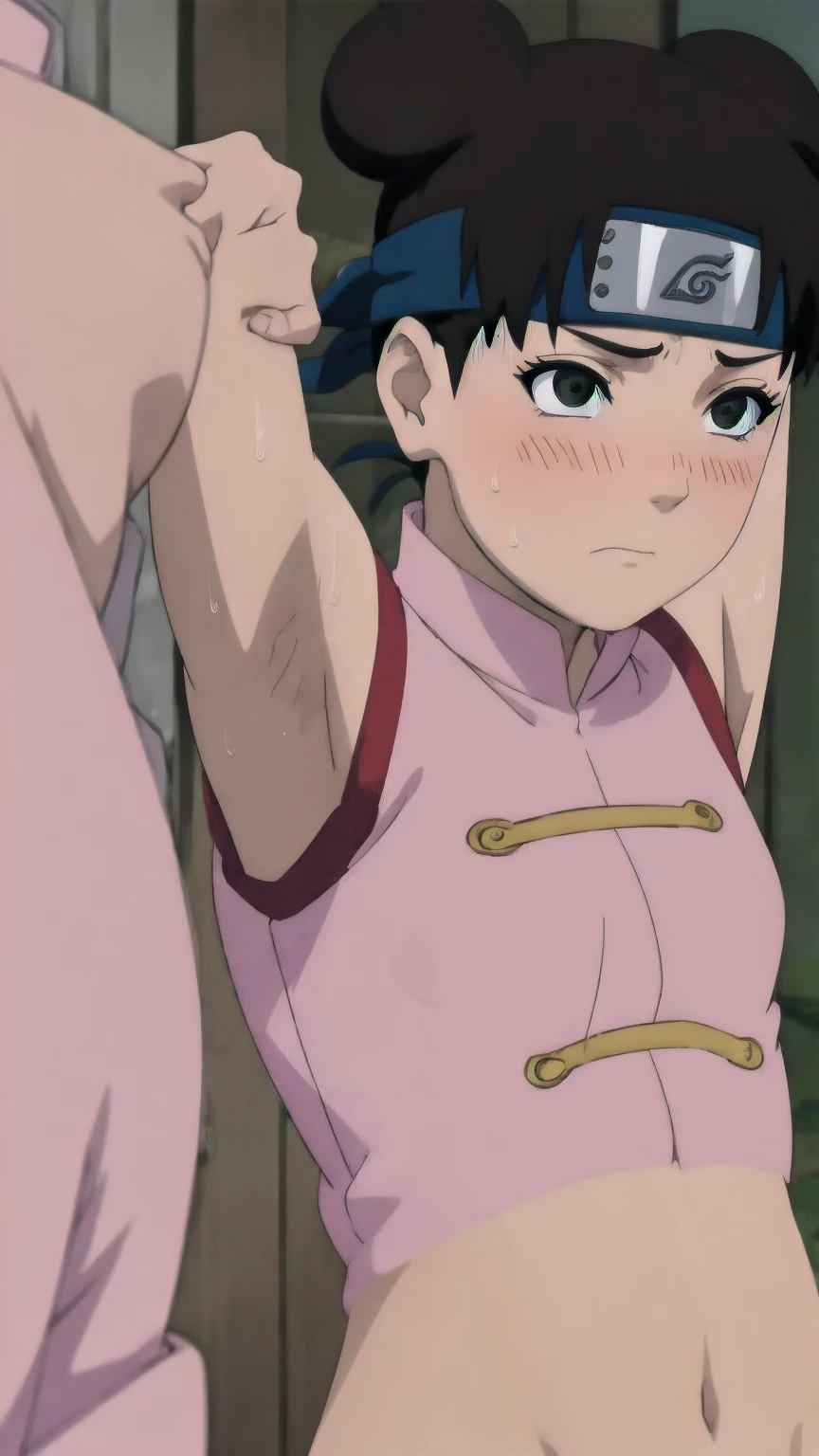 Tenten,solo,armpits,wet armpits, showing wet armpits, armpit,armpits,sweat,sweaty,sweaty armpits,awesome armpits,tired,exhausted,arms up,arm warmers,sleeveless, medium breasts, nude, naked, tits 