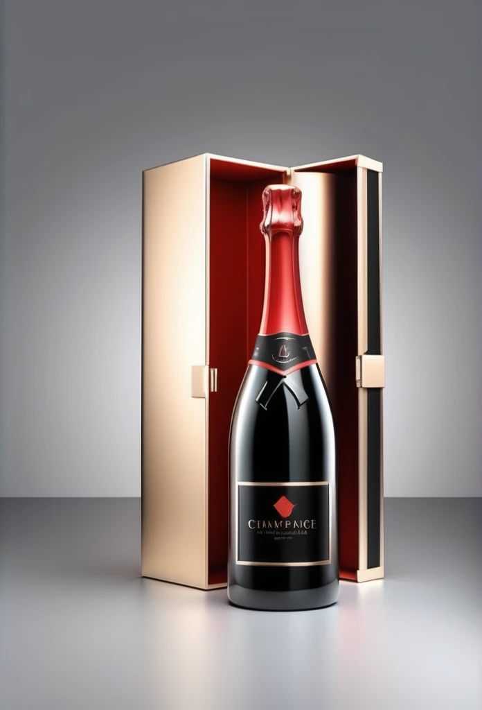 Luxury champagne bottle with a letterless, red-wrapped design

The champagne bottles are all red



next to the black case that holds the luxury champagne bottle



ultra-luxury feeling

8k