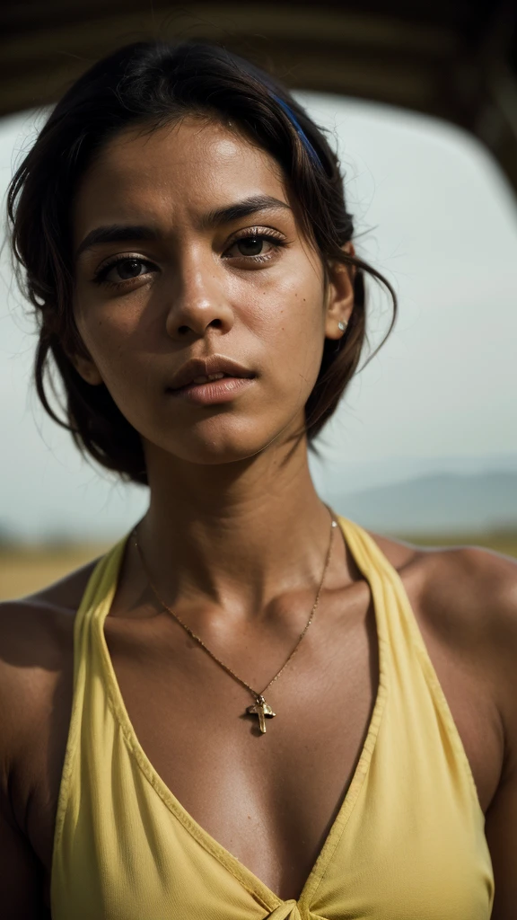 Yellow skinned woman, deep shadow, dark theme, 40mm portrait, necklace, ornaments, professional photo, 28mm, analog, (National Geographic)