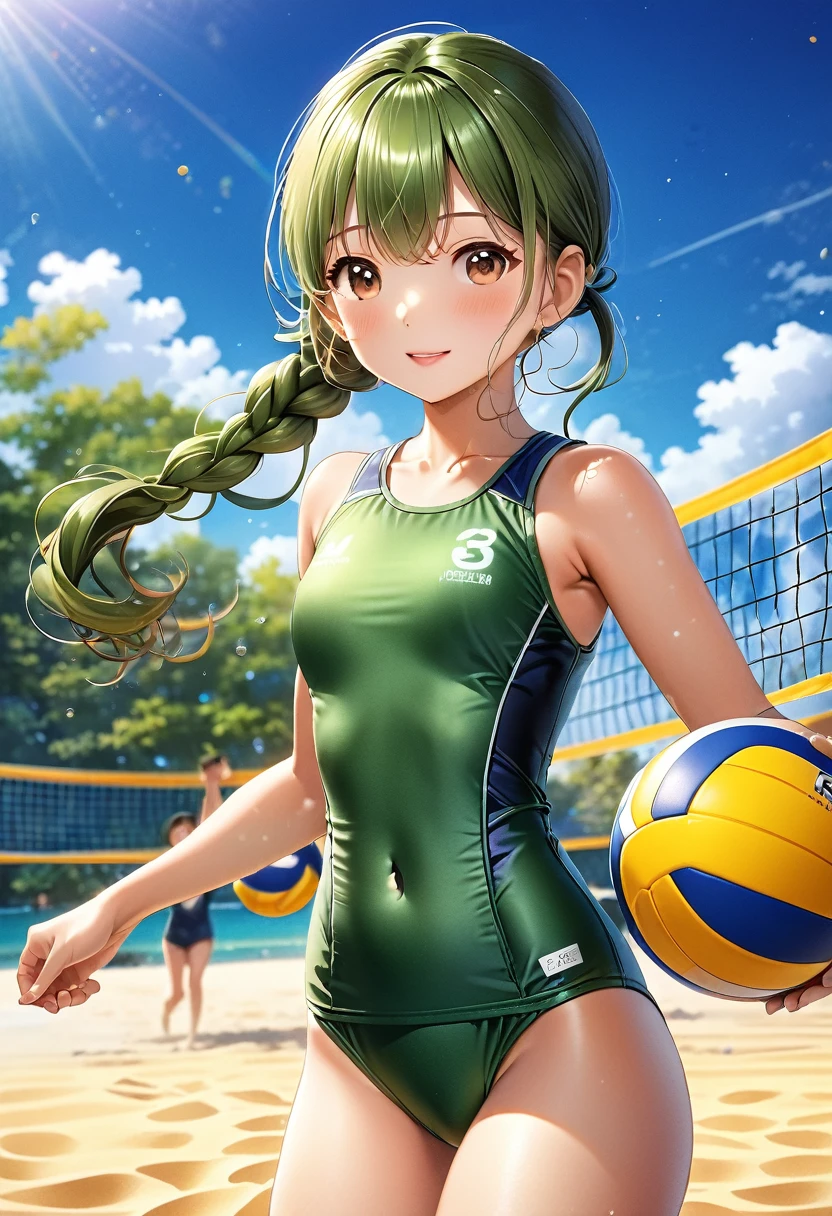 Highest quality、High resolution、Detailed Background、(Beautiful face in every detail:1.4)、Anatomically correct、(Detailed facial expressions)、(fine grain:1.2), (shoot from behind:1.5、Full body shot:1.5), Teenage Beauty、Cute hair color、Braided Ponytail、Braided bob cut、Braided twin tail, Beach volleyball players, Beautiful forms, (Tight metallic green high leg swimsuit:1.5、one piece、turtleneck、No sleeve:1.5、barefoot)、Perfect body line、 (The final match of a beach volleyball tournament being held on a sandy beach:1.5、A spinning receive on a ball that was about to fall:1.5、Throw the ball high into the air for a jumping serve:1.5、Extraordinary, incredible jumping ability:1.5、Pick up the ball with all your might:1.5)、