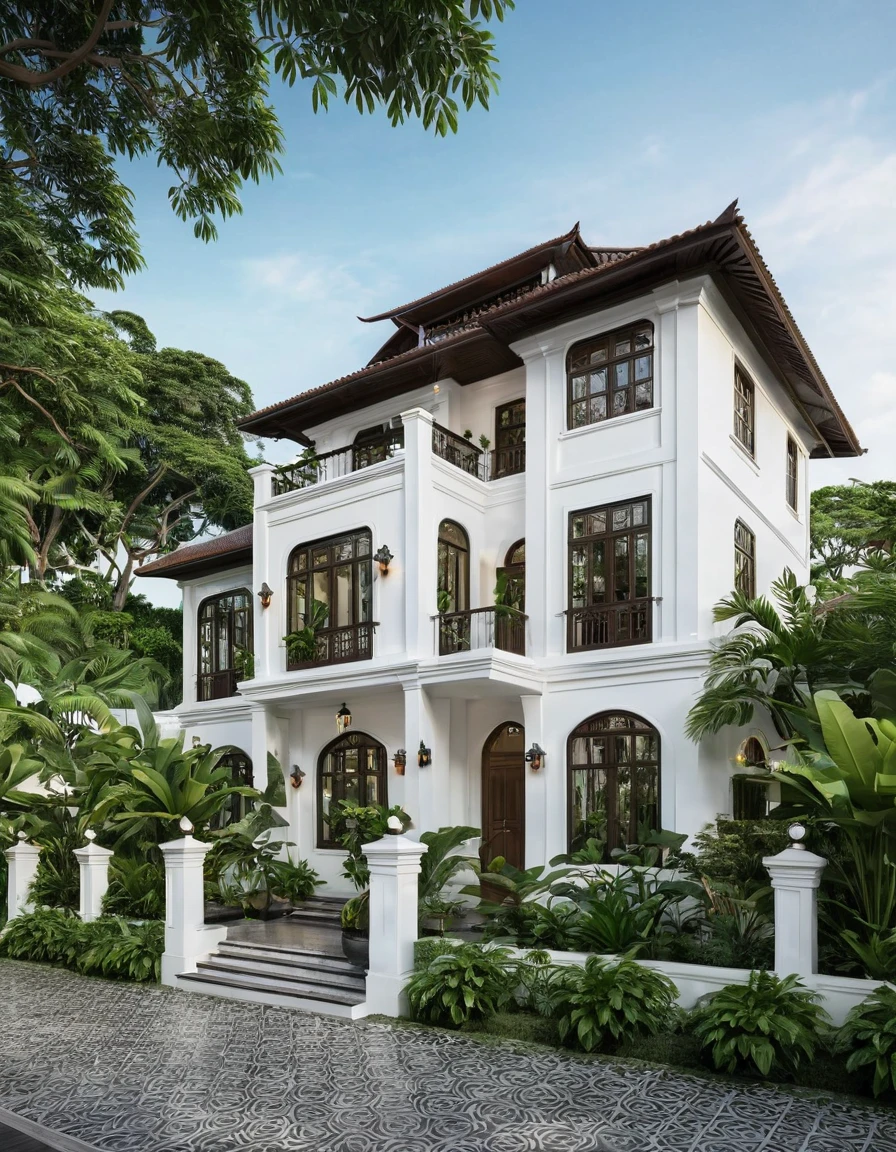 Render a 3-story Indochine-style villa in a serene setting. The villa's exterior is painted in a simple, elegant white, with traditional Indochine architectural elements such as arched windows, wooden shutters, and decorative railings. The roof features dark tiles, contrasting beautifully with the white walls. Lush greenery surrounds the villa, with a well-manicured garden featuring tropical plants and a cobblestone pathway leading to the entrance. The front porch has classic wooden furniture and lanterns, evoking a sense of timeless elegance. The lighting highlights the villa's sophisticated design and harmonious blend of traditional and modern elements.
8k resolution, UHD, high-quality detail, Indochine style, white exterior, arched windows, wooden shutters, decorative railings, dark tile roof, lush greenery, manicured garden, cobblestone pathway, classic wooden furniture, lanterns, harmonious blend of traditional and modern elements, sophisticated design, serene setting.