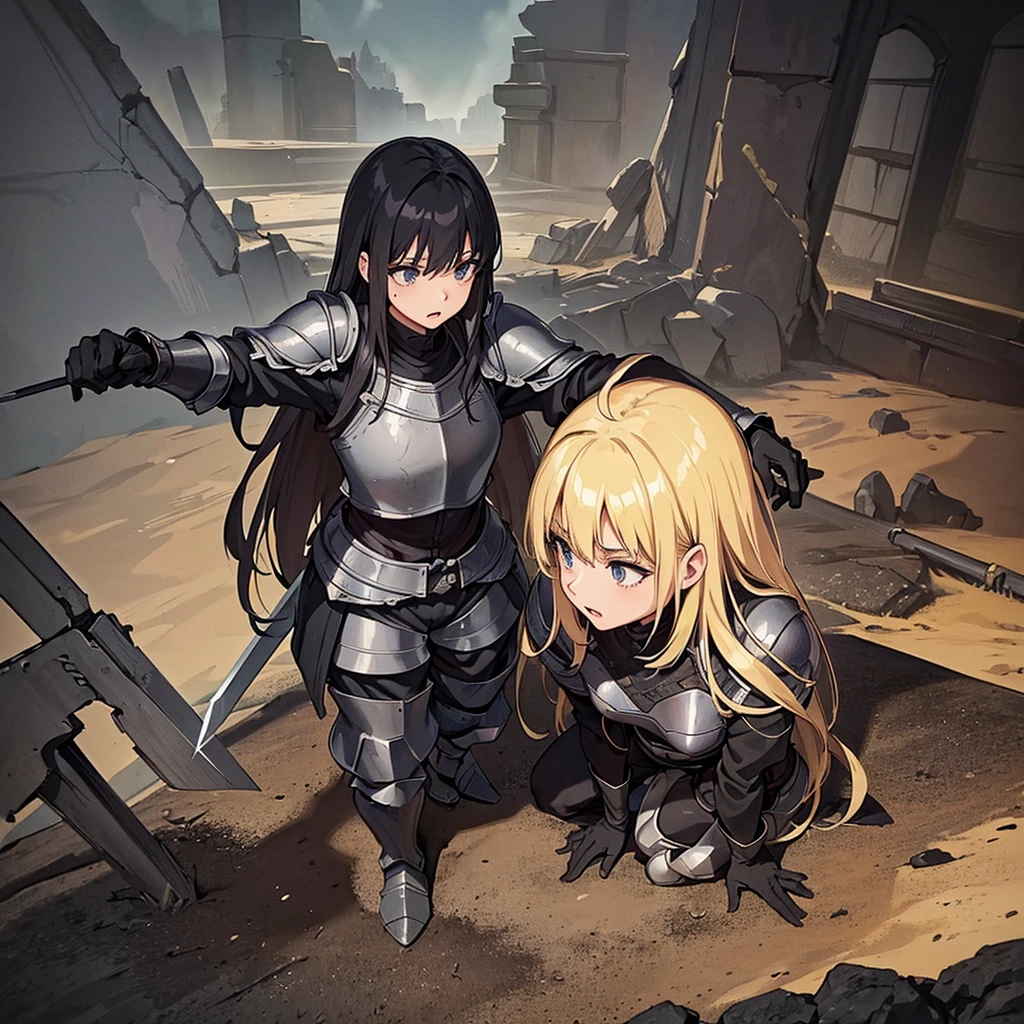 Best illustrations、Best Quality、(Full body character concept、detailed)、(((Simple grey armor、Black trousers、Black gloves、woman、18-year-old、Blonde、Long Hair)))、(((Grab the sword、Get Ready)))、(From above)、(Old ruins、desert)、Fall to the floor、(Black, muddy swamp)、(中世の騎士が10 people)、(anxiety、impatience、Open your mouth、shout)、(lots of medieval knights、10 people)、battlefield