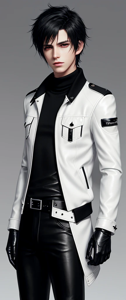 Final fantasy taste and reality graphics, Japanese young cute and cool ikemen boy, his age is early 20s, thin eyebrows and beady eyes, he wearing off white color leather thick material jacket, jacket is singlebrest, biker style jacket, with epaulet, jacket is long sleeve, must close the front of the leather jacket, , jacket is voluminous, ,must jacket is high length and stand-up collar with two belts, jacket is a little black color line pattern,close the front of the jacket, also wearing black thick material turtleneck lackluster shirts, tight black leather pants, shiny black leather tight and thin glove, black leather knee-high raceup boots,must views head-to-toe,must views whole body, boy looks like fashion model,Do not show skin from the neck down,leather jacket leather glove and leather pants have few wrinkles,boy in the room,Avoid showing your innerwear