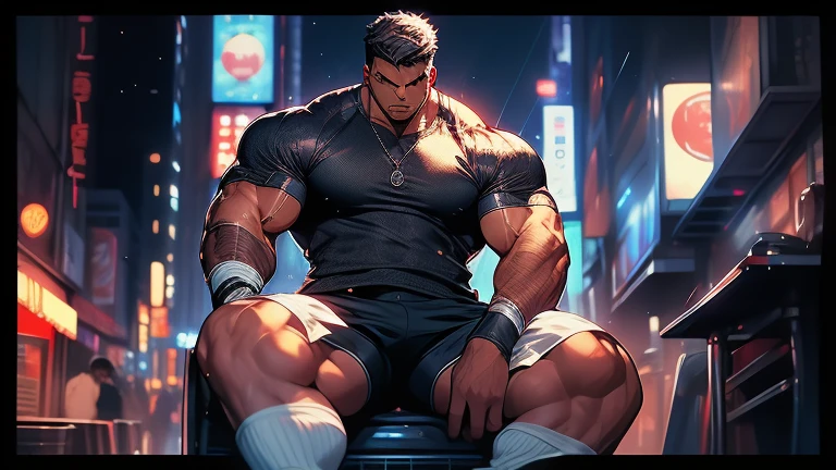 Highest image quality，Men，1 boy，Young and handsome，show，Short flat hair on top，dark skin，Anime，Anime wallpaper，One，in the spotlight，underpants，Expansion of the pectoral muscles，Bulging crotch，city background，spread your legs，sexual,(masterpiece, Best quality),Long white socks，boots,computer graphics feeling，Gloomy atmosphere，8 k,cinematic lighting effects