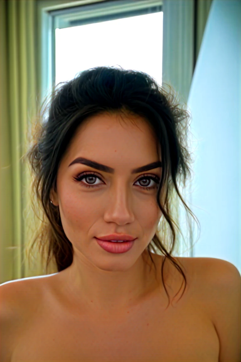 anna1,1girl, solo, (realistic),(hyperrealism),(best quality),(masterpiece),(ultra high res),(photorealistic),(film grain),(underwear , pov , close view , looking at viewer milf),eye makeup,detailed eyes,detailed bedroom , smile ,