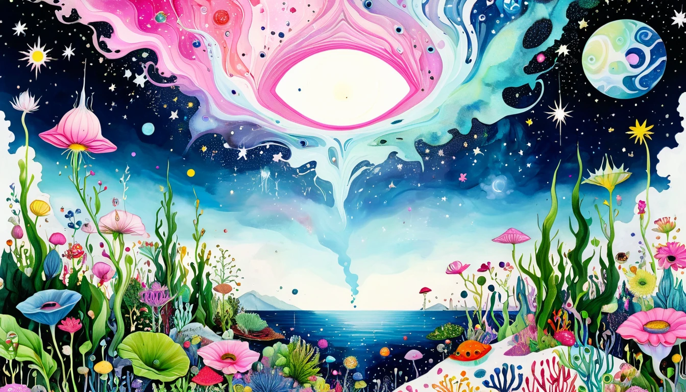 intense visuals，Multi-element fusion，bud，microorganism、plant、Marine life、Eye、Starry Sky，Stitching together an abstract painting，Describing the inner world of autistic people，(((Sense of space，White Space,clean，Anti-aliasing，)))，interesting，Innocence，Psychedelic Art，pink