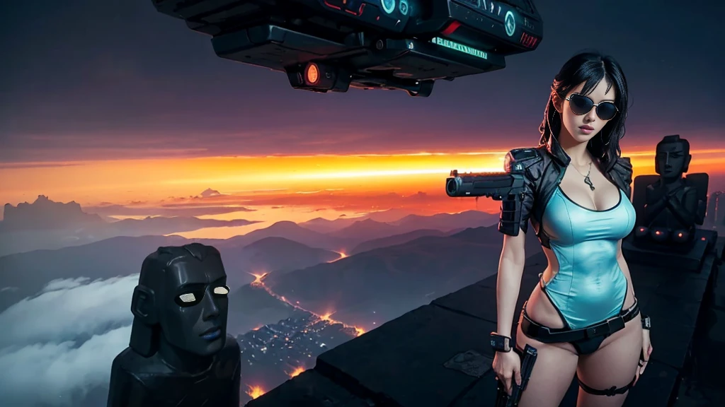 At night, dark sky, aerial view of fantasy cyberpunk style Moai-statue city, ((flying vehicle)). (1girl, solo), photo realistic, medium-breast:1.1 slim body, cleavage, sexy clothes, (black sunglasses), (((hip-up standing aiming pistol pose))), half-body thigh level medium shot, cinematic lighting.