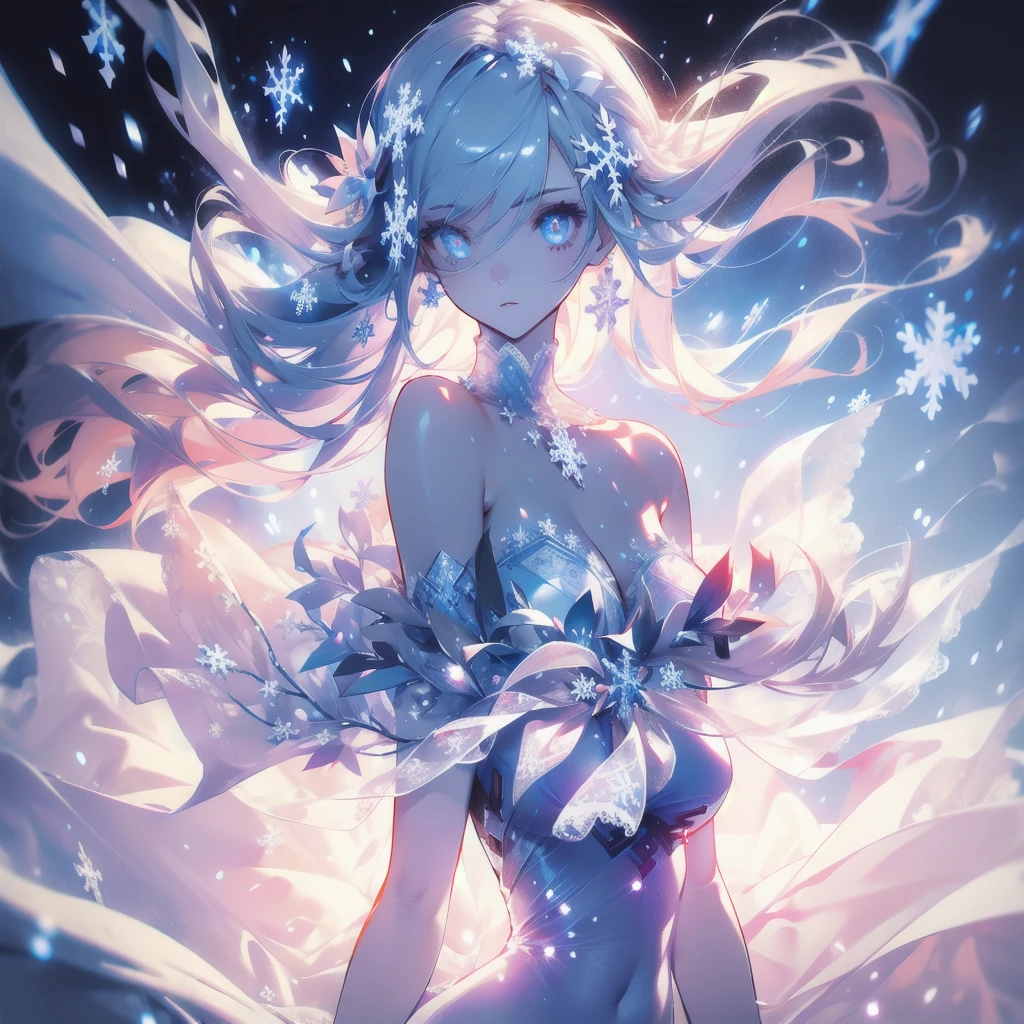 ((masterpiece, best quality)), Epic battlefield atmosphere,Delicate face,Snow Woman,winter,Snow Mountain,whole body,Standing picture,glowing white eyes,Large Breasts,Perfect body proportions,Pure white background,firefly,Snow,snowflake,Edelweiss,Lace,Transparent sex bikini