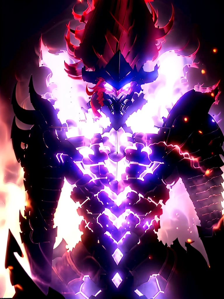 masterpiece, bestquality, 10, Igris ( Solo Levelinan, a tall, slender knight., In dark armor, in a helmet, Behind the hat was red hair in a high ponytail., eyes burn, go to viewer, in full growth, dark throne room background, high resolution, big bulge