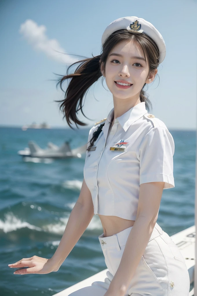 (((best quality))),(((ultra detailed))),(((masterpiece))),illustration,((1 beautiful girl,solo)),((slim,thin)),((small breasts,flat chest)),(White military hat:1.3),(short ponytail:1.2),((white collared short-sleeved military shirt)),((white pants)),((on aircraft carrier,warship)),summertime, day scene, vast ocean, blue sky, radiant smile, youthful charm,anchor symbol, marine-inspired attire, strength, power, ((fighter jets)), sleek design, powerful engines, awe, wonder, opportunities, possibilities, sun, warm glow, joy, excitement, vibrant smile, captivating surroundings, picturesque moment, summer beauty, ocean strength, human ingenuity, endless possibilities,((from front,upper body))