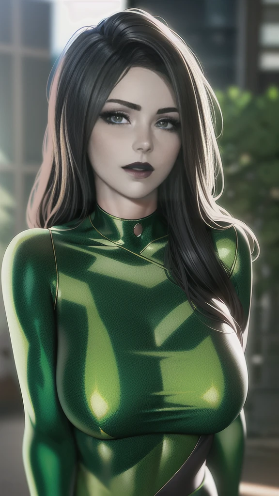 1girl, portrait of beautiful shegolady, green bodysuit, smile, blush, black lips, outdoors, volumetric lighting, best quality, masterpiece, intricate details, tonemapping, sharp focus, hyper detailed, trending on Artstation, realistic