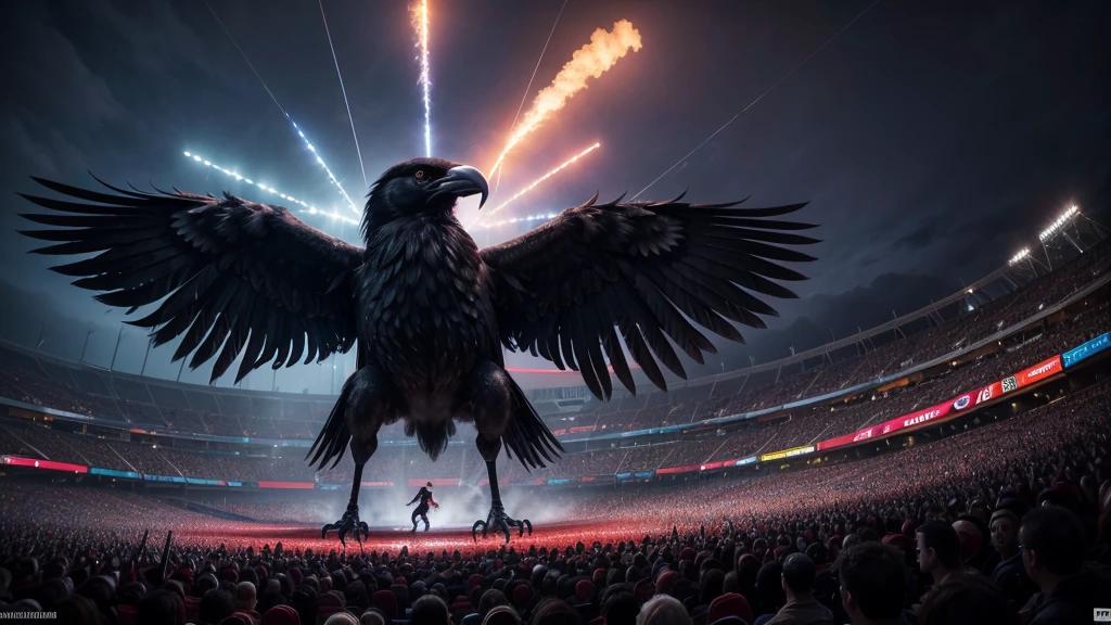 Create a high-definition image of a giant raven carrying a tiny Saci Pererê in its talons in the center of a packed stadium. The crowd is dressed entirely in white, cheering and waving their hands. The raven is majestic and imposing, with intricate feather details and a powerful presence. The tiny Saci Pererê, with his iconic red cap and one-legged stance, is held gently but firmly by the raven. The stadium is filled with vibrant energy, lights, and smoke effects, adding to the dramatic atmosphere. The background shows thousands of excited fans, creating a striking and surreal scene.