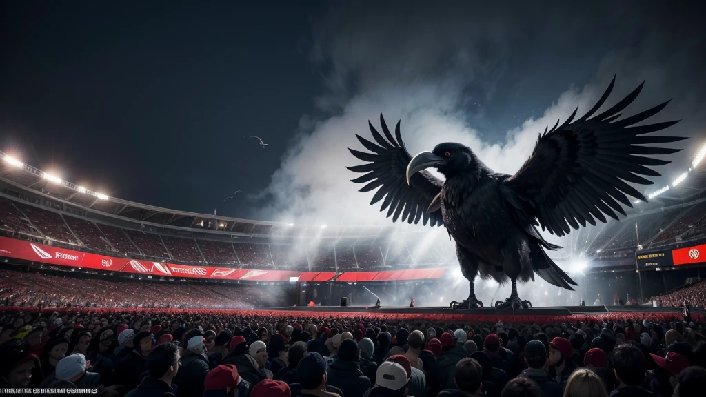 Create a high-definition image of a giant raven carrying a tiny Saci Pererê in its talons in the center of a packed stadium. The crowd is dressed entirely in white, cheering and waving their hands. The raven is majestic and imposing, with intricate feather details and a powerful presence. The tiny Saci Pererê, with his iconic red cap and one-legged stance, is held gently but firmly by the raven. The stadium is filled with vibrant energy, lights, and smoke effects, adding to the dramatic atmosphere. The background shows thousands of excited fans, creating a striking and surreal scene.