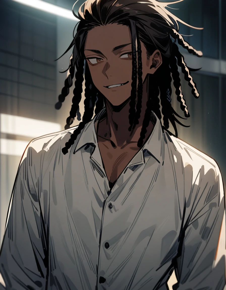 (1boy,jujutsu kaisen) solo, (white dress shirt), (brown skin color), messy look, black hair, ((dreadlock hairstyle)), brown eyes, masterpiece, best quality, high quality, upper body, male focus, eye bags, 17 year old, smirk