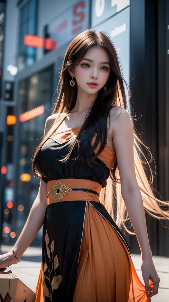 Girl, multiple lines, ribbons, orange and black, low angle, glass city background, active pose, (((ASCII))), realism, hyperrealism, highly detailed, sublime, extremely beautiful, sharp focus, sophisticated, cinematic, intricate, elegant, dynamic, rich, deep. colors, bright color, shining light, attractive, cute, beautiful, full background, epic composition, dramatic atmosphere, shining, professional, stunning
