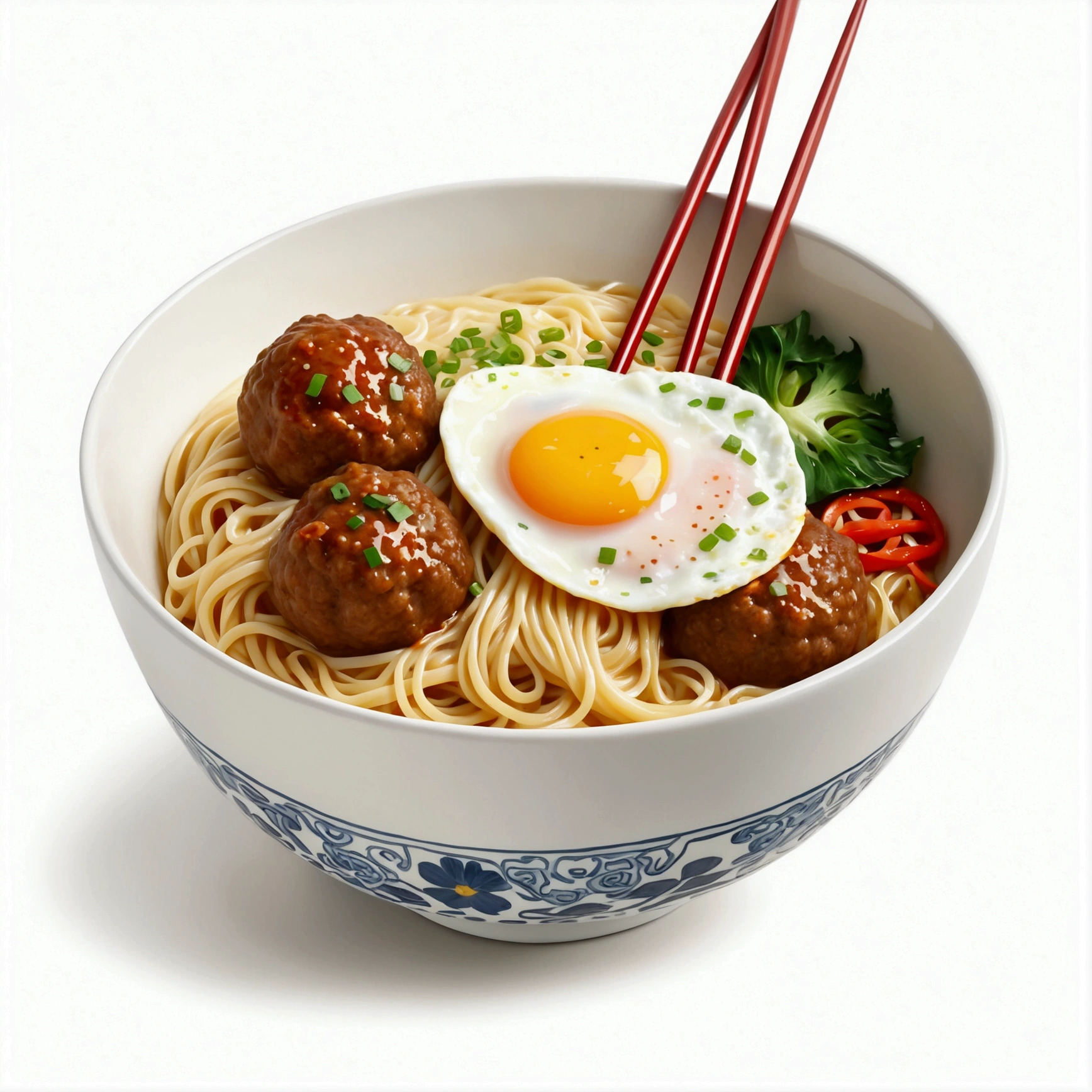 there is a huge extremely delicious bowl of noodle with meatballs and egg, chopstick, illustration, isolated with solid white background, surrounded with negative space, centered compositon, 8k, highly detailed painting, very precise painting, Isolated, clear brilliant white background, perspective angle of view, realistic, cartoon style, 
