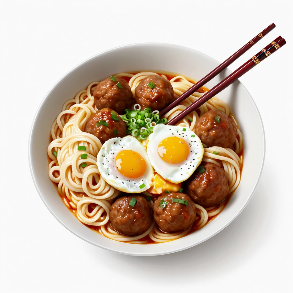 there is a huge extremely delicious bowl of noodle with meatballs and egg, chopstick, illustration, isolated with solid white background, surrounded with negative space, centered compositon, 8k, highly detailed painting, very precise painting, Isolated, clear brilliant white background, perspective angle of view, realistic, cartoon style, 