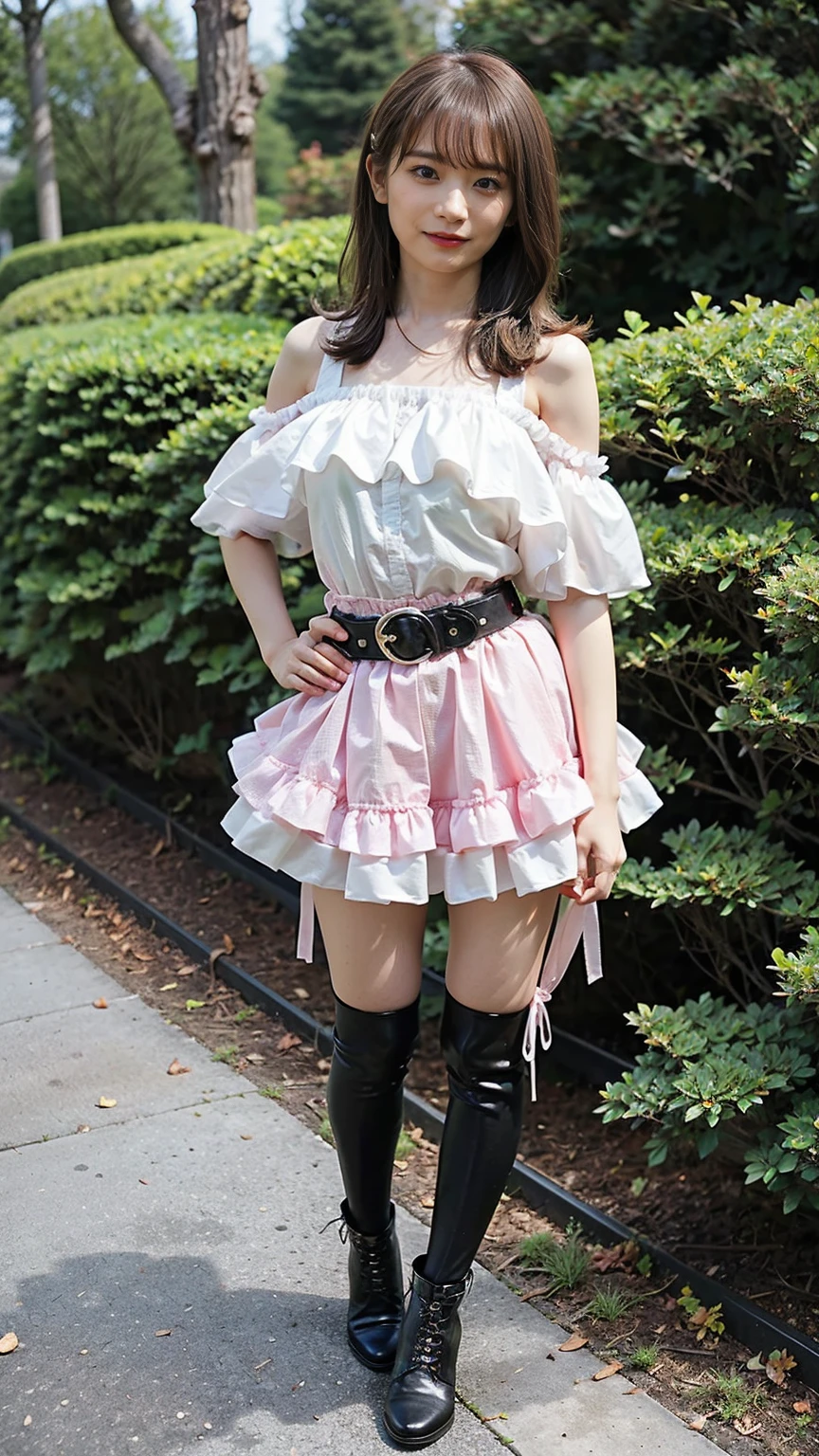 (8K、RAW Photos、Highest quality、masterpiece:1.2)、(Highest quality、Realistic)、1 Girl、((Frills、See-through、Off the shoulder、tights、pink and black mini skirt、Thin legs、whole body、boots、garden、View from the front、Looking into the camera、belt、Stand with hands on hips))、cute