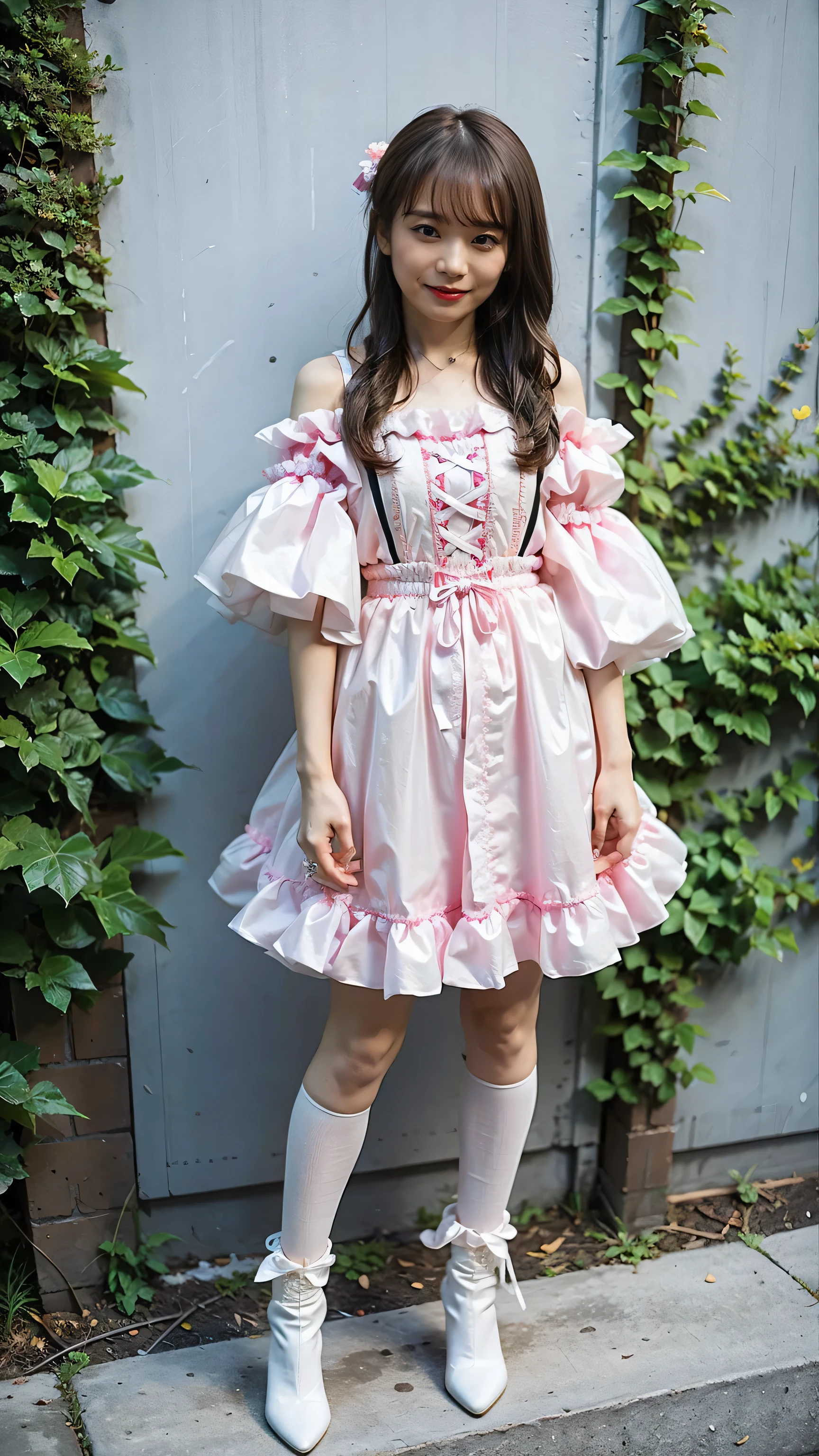 (8K、RAW Photos、Highest quality、masterpiece:1.2)、(Highest quality、Realistic)、1 Girl、((Frills、See-through、Off the shoulder、Idol Costume、tights、pink and black mini skirt、Thin legs、whole body、boots、garden、View from the front、Looking into the camera、ribbon、Stand with hands on hips))、cute