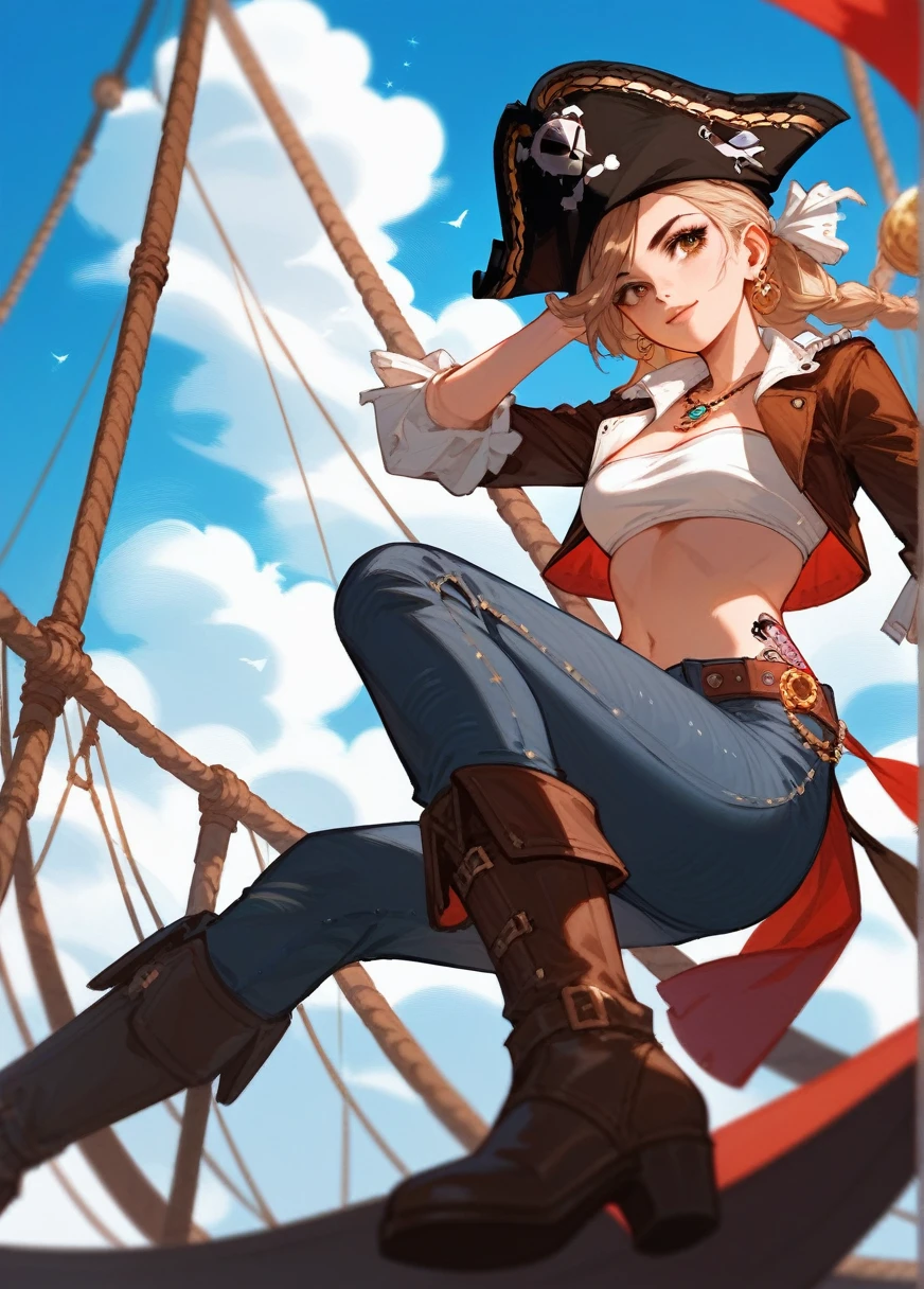 (Fraction_9,Fraction_8_Direction_7_up),1 Woman,pirate，Girl,blond,Brown eyes,hat,Tattoo,White bandeau,Black jeans，brown boots，beautiful_Face,