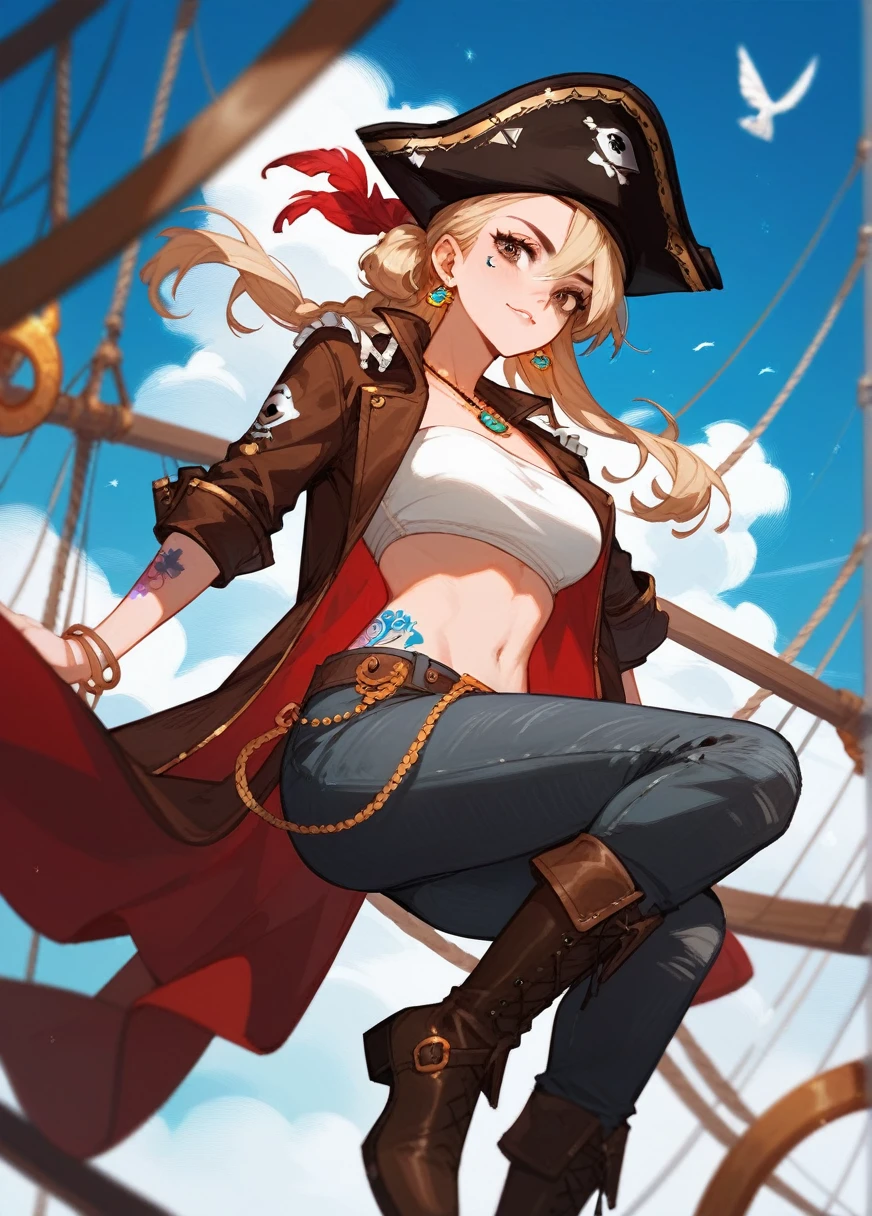 ((1 female pirate, belly belt with a sword, with brown pants with open zip, bare breasts, skull tattoo on chest)),((medium breasts)),((very large pubic hair)),((hair big brown)),((blue eyes, smile)),((facing the viewer)),((on a pirate ship, at sea during the day)),