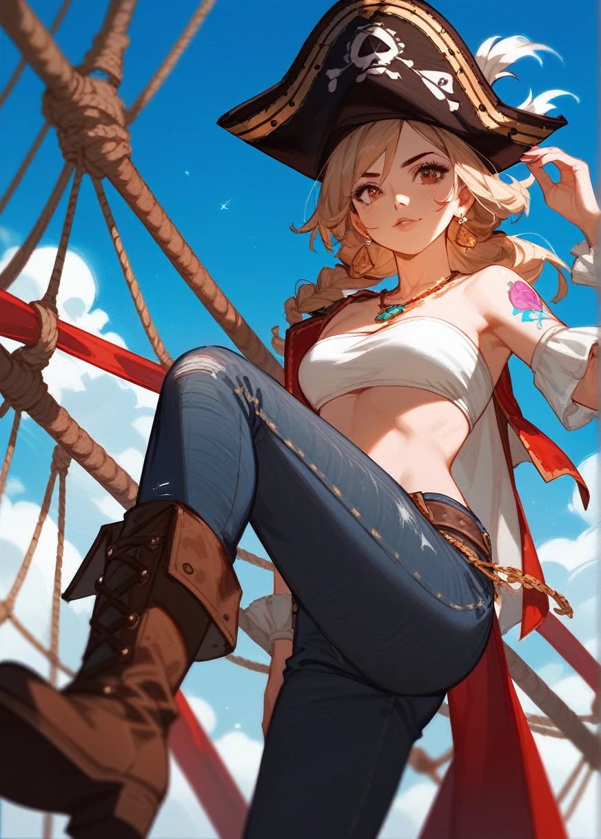 "(Highest picture quality), (Prioritizing the exceptional image quality and astonishing level of detail), generate an awe-inspiring (photorealistic:1.1) a female pirate, pirate flag, night, moonlight, artwork portrait, adam hughes, sexy, erotic."