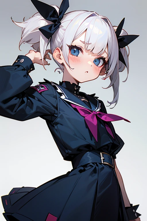 Short white hair, blush, Navy Blue Dress、Punk Fashion、Headbang 2.、Twin tails、sharp、
