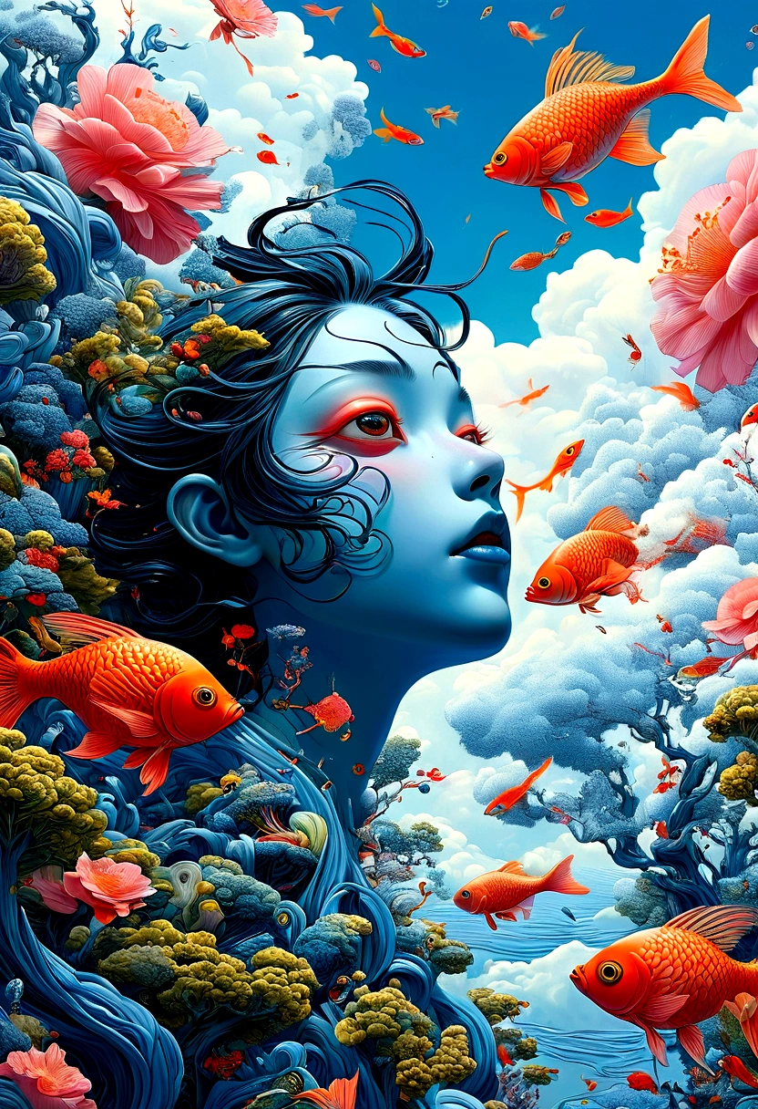A detailed and complex、Surreal、Fantastic digital artwork, A three-eyed figure appeared in the sky, Fish Chase, (((James Jean Style)), Very detailed, light, Vibrant colors, Reality, 8K, (best quality:1.2), (masterpiece:1.2), (Photo-realistic:1.37), (Extremely detailed:1.2), Complex patterns, Beautiful composition, sharp contrast, Dynamic Movement, Ethereal atmosphere, Fine texture, Lush surroundings, 富有想象力的Surreal风景
