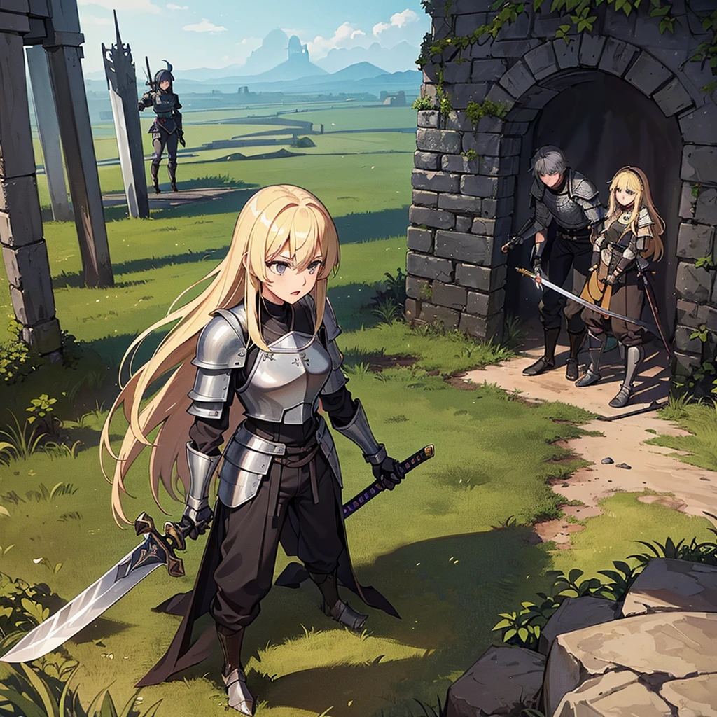 Best illustrations、Best Quality、(Full body character concept、detailed)、(((Simple grey armor、Black trousers、Black gloves、woman、18-year-old、Blonde、Long Hair)))、(((Grab the sword、Get Ready)))、(From above)、(Old ruins、desert。Grass)、Fall to the floor、(Black, muddy swamp)、(中世の騎士が10 people)、(anxiety、impatience、Open your mouth、shout)、(lots of medieval knights、10 people)、battlefield