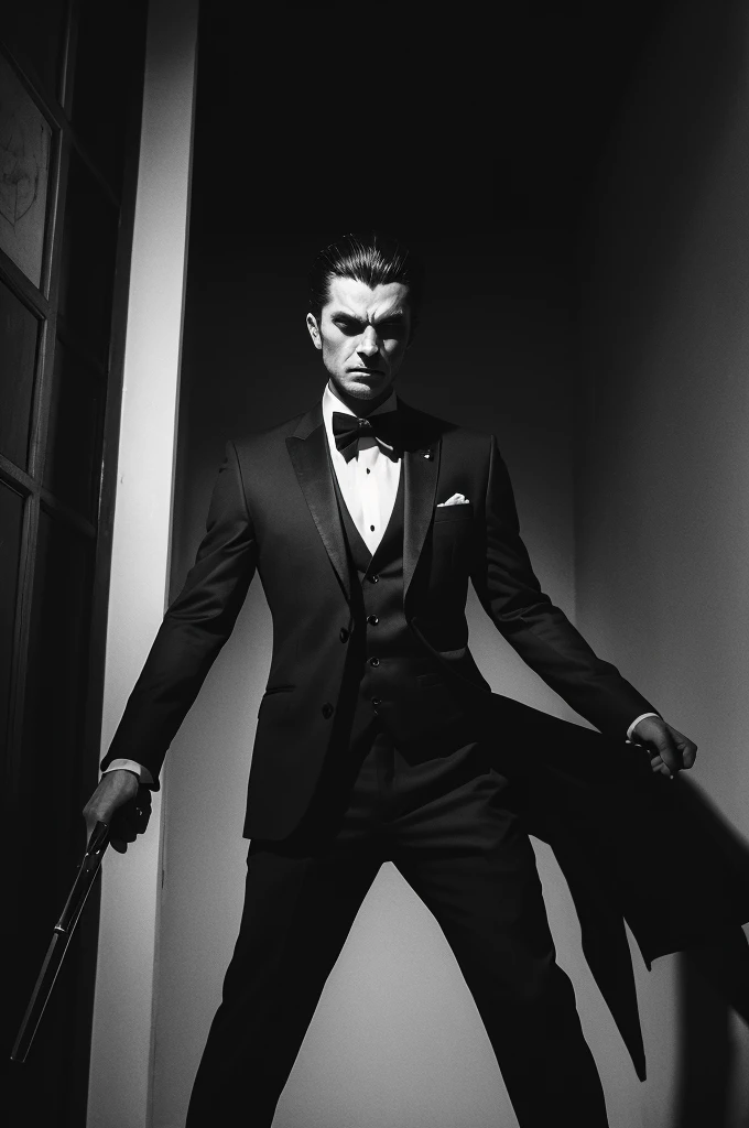 Black and white image of a man in a sharp suit, with a shadowy and menacing demeanor, representing the dark psychology and underworld.