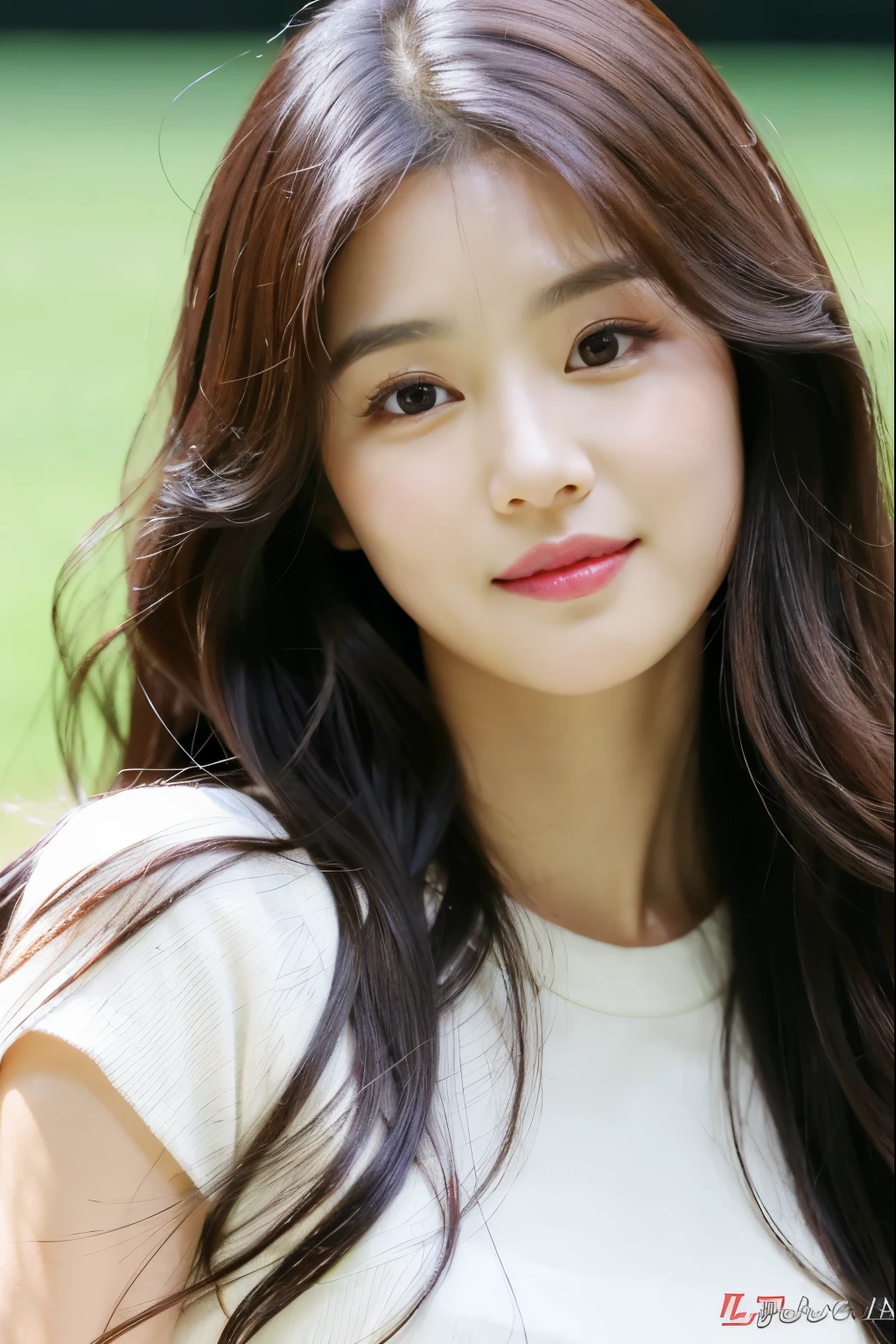 a close up of a woman with long hair wearing a white top, lee ji-eun, lee ji - eun, cute korean actress, park ji-min, female actress from korea, krystal, jaeyeon nam, ji-min, kwak ji young, inspired by Jeong Seon, heonhwa choe, hwang se - on, beautiful south korean woman