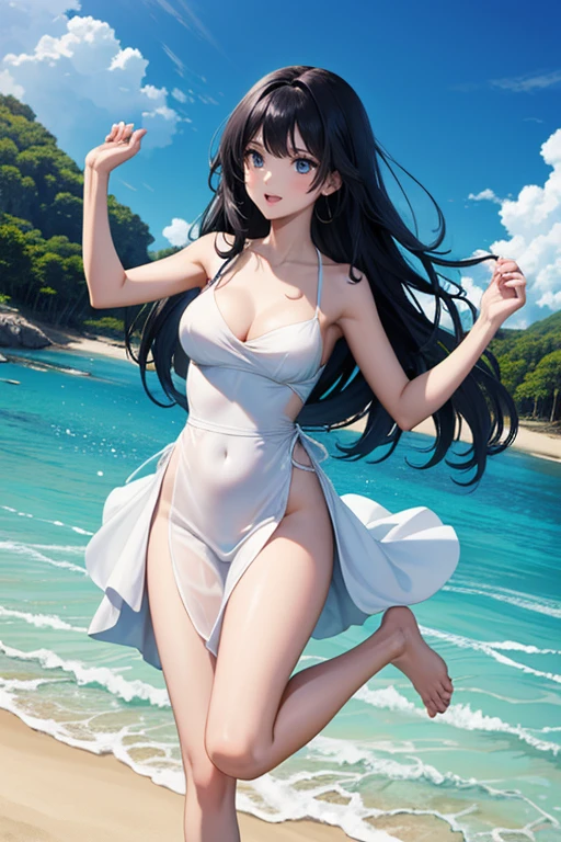 (Highest quality、masterpiece、High resolution、8K)、Vibrant colors、1 Female、Long black hair、whole body、barefoot、Slender beauty、A woman in a white dress jumps high、Official Art、The background is the sea、blue sky、Wide sandy beach、Wide forest、