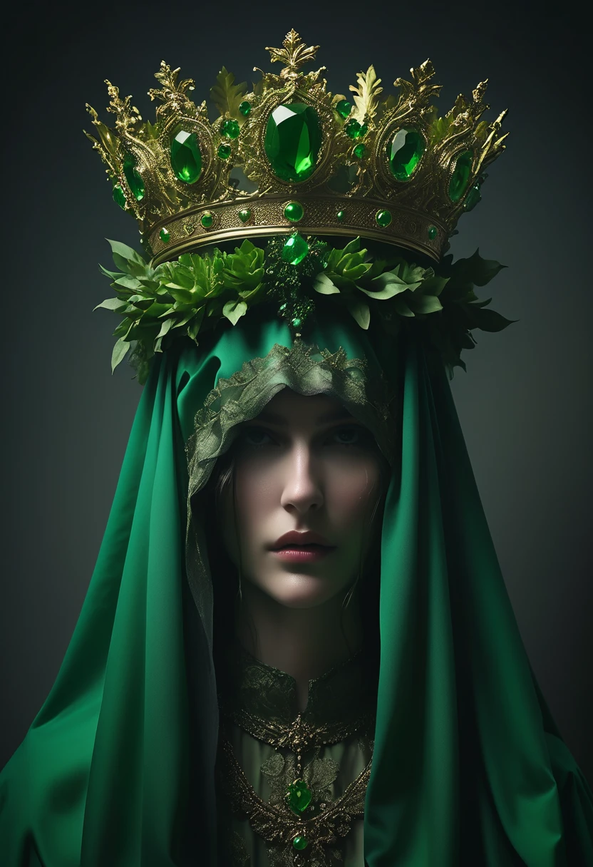 the man in the costume in an ad for topshop carries a green crown, in the style of conceptual sculptures, baroque chiaroscuro, guillem h. pongiluppi, exquisite detail, juliana nan, album covers, blink-and-you-miss-it detail 