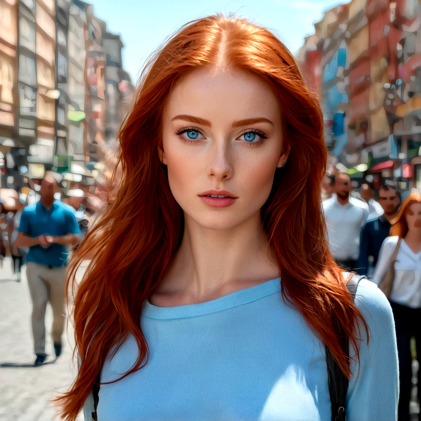 red-haired model with light blue eyes, Walks in the pedestrian zone of the city. The background is the city center of a big city. Many locations. flawless skin, natural face, detailed face, detailed hair, detailed hands, detailed feet, feminine figure, photorealestic, professional color grading, Hyperdetailed, hyper-realistic, small focal length