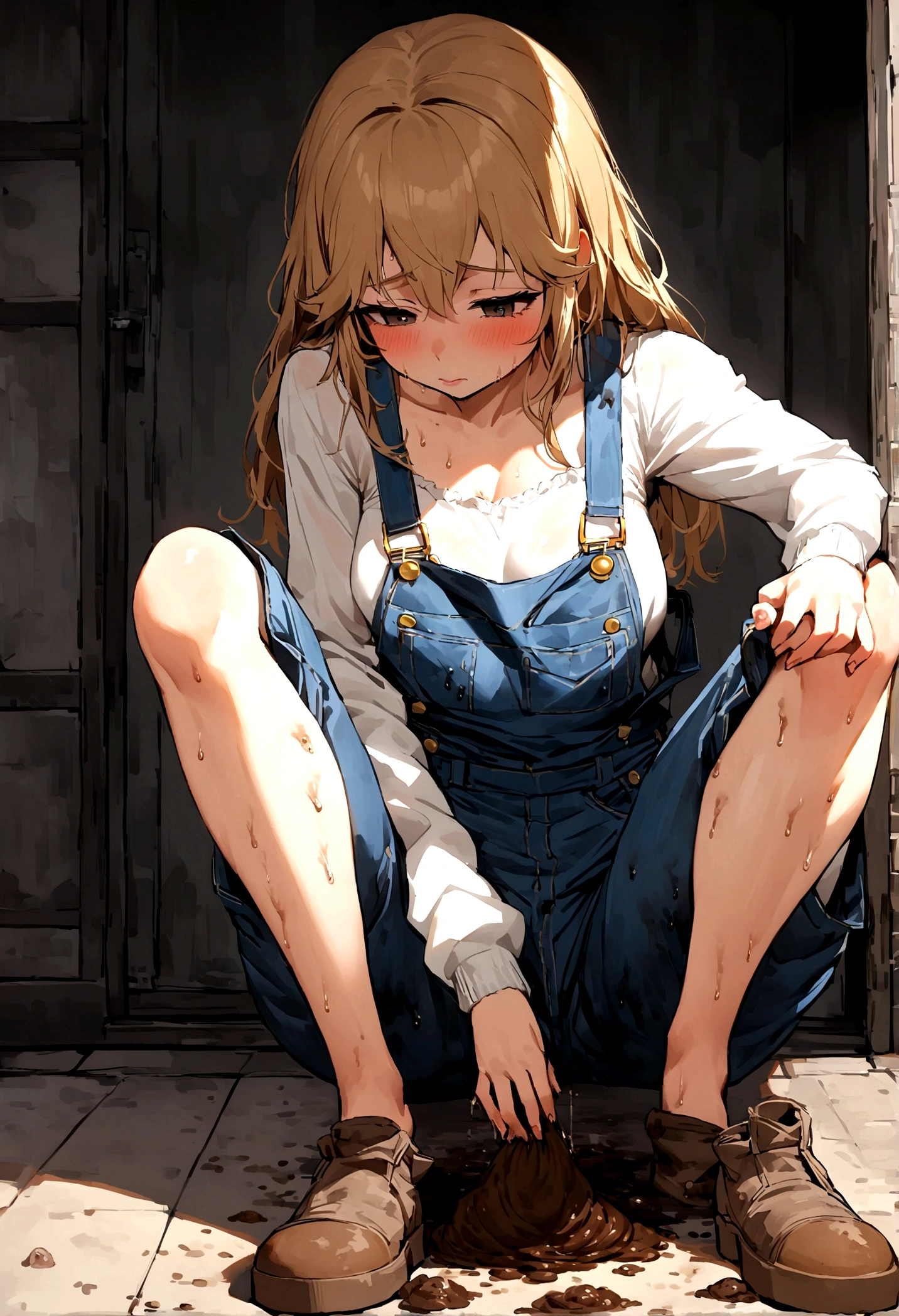 Girl diarrhea and shit on overalls ((poop on overalls)) Her overalls is covered with shit. (Her overalls is covered with shit and mess) (There is much shit on her overalls) (there is a lot of shit on her legs) (her overalls is full of shit) (girl heavily poop in her overalls)